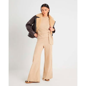 Beige Ribbed Wide Leg Trousers