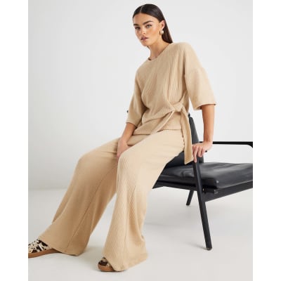 Beige Ribbed Wide Leg Trousers
