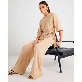 Beige Ribbed Wide Leg Trousers