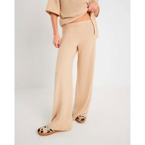 Beige Ribbed Wide Leg Trousers