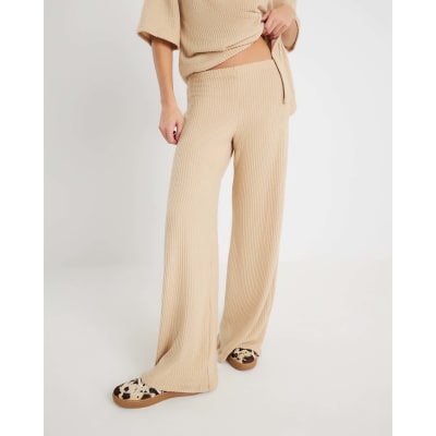 Beige Ribbed Wide Leg Trousers