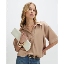 Beige Satin Polo Top