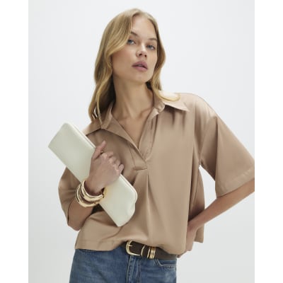 Beige Satin Polo Top