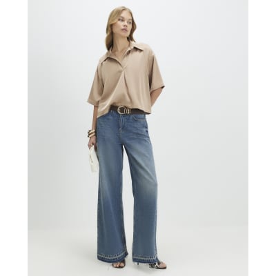 Beige Satin Polo Top
