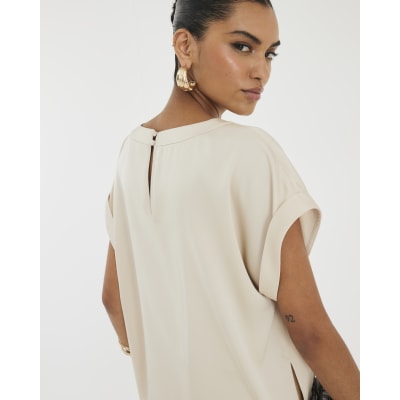 Beige Satin Short Sleeve Turn Up Cuff T-shirt