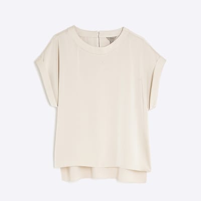 Beige Satin Short Sleeve Turn Up Cuff T-shirt
