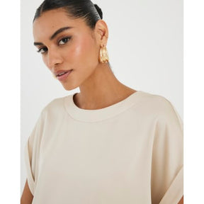 Beige Satin Short Sleeve Turn Up Cuff T-shirt