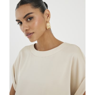 Beige Satin Short Sleeve Turn Up Cuff T-shirt