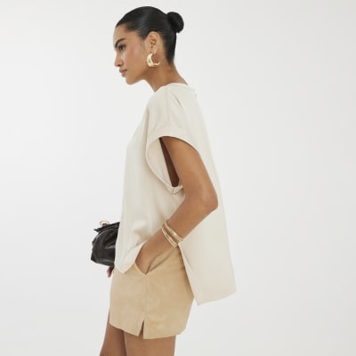 Beige Satin Short Sleeve Turn Up Cuff T-shirt