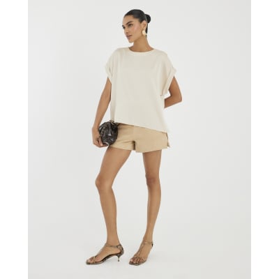 Beige Satin Short Sleeve Turn Up Cuff T-shirt