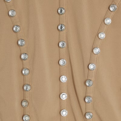 Beige Scoop neck Studded Bodysuit