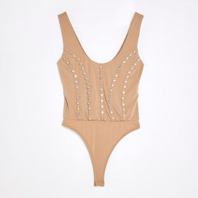 Beige Scoop neck Studded Bodysuit
