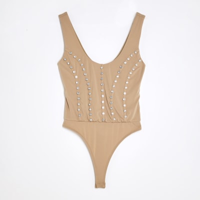 Beige Scoop neck Studded Bodysuit