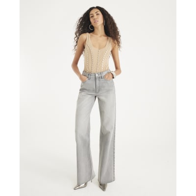 Beige Scoop neck Studded Bodysuit