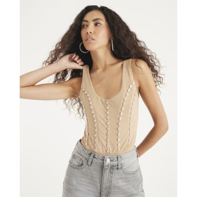 Beige Scoop neck Studded Bodysuit
