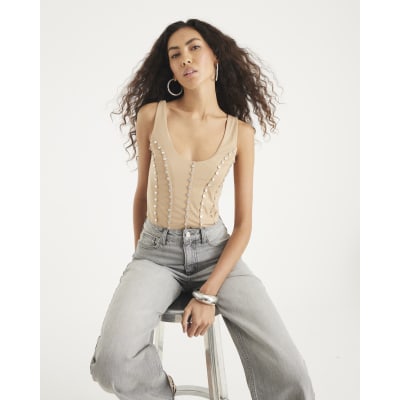 Beige Scoop neck Studded Bodysuit