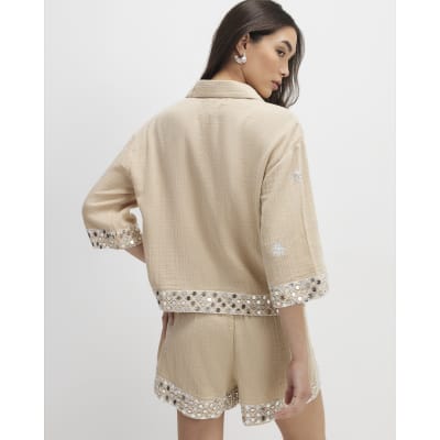 Beige Sequin Embellished Beach Shirt