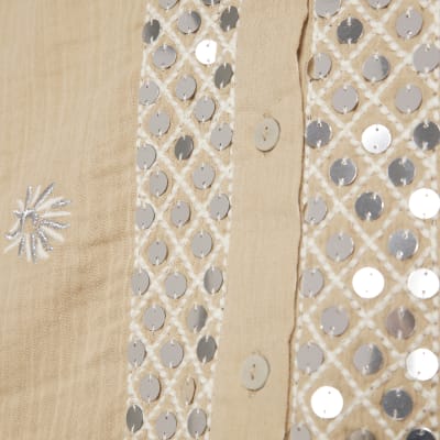 Beige Sequin Embellished Beach Shirt