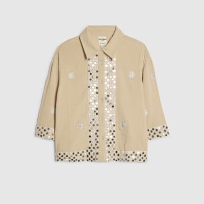 Beige Sequin Embellished Beach Shirt