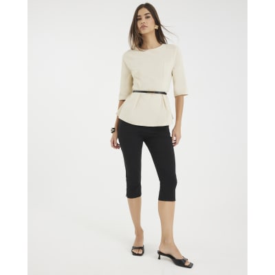 Beige Short Sleeve Belted Top