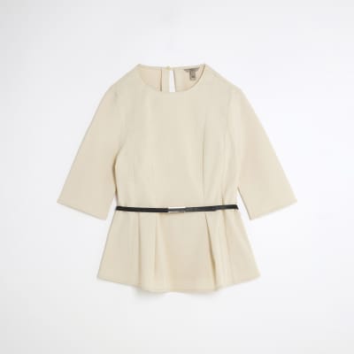 Beige Short Sleeve Belted Top