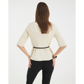 Beige Short Sleeve Belted Top