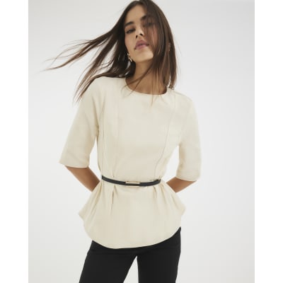 Beige Short Sleeve Belted Top