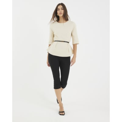 Beige Short Sleeve Belted Top