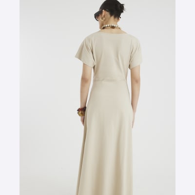 Beige Short Sleeve Drape Side Midi Dress
