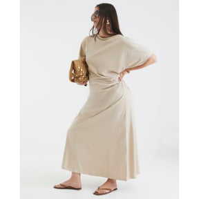 Beige Short Sleeve Drape Side Midi Dress