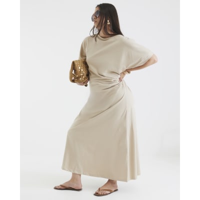 Beige Short Sleeve Drape Side Midi Dress