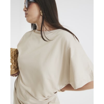 Beige Short Sleeve Drape Side Midi Dress