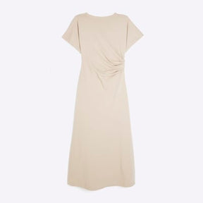 Beige Short Sleeve Drape Side Midi Dress