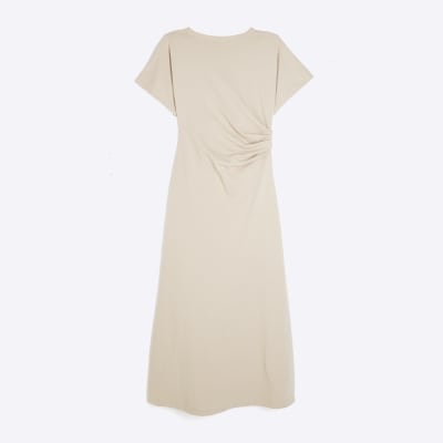 Beige Short Sleeve Drape Side Midi Dress