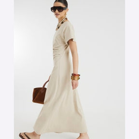 Beige Short Sleeve Drape Side Midi Dress