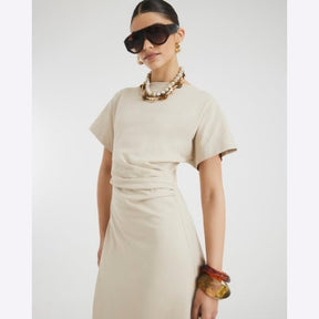 Beige Short Sleeve Drape Side Midi Dress