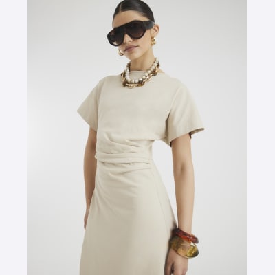 Beige Short Sleeve Drape Side Midi Dress