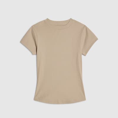 Beige Short Sleeve Fitted Ribbed T-shirt