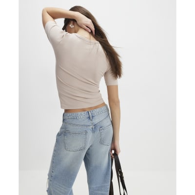 Beige Short Sleeve Fitted Top