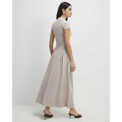 Beige Short Sleeve Fitted Waist Maxi Dress