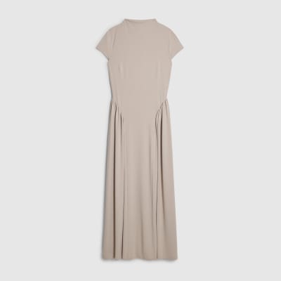 Beige Short Sleeve Fitted Waist Maxi Dress