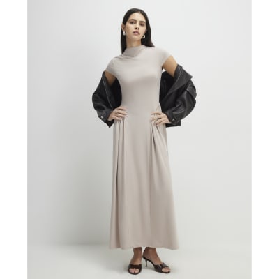 Beige Short Sleeve Fitted Waist Maxi Dress