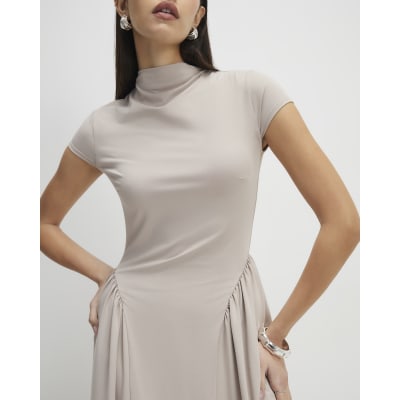 Beige Short Sleeve Fitted Waist Maxi Dress