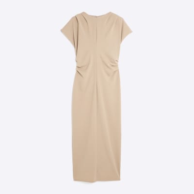 Beige Short Sleeve Midi Dress