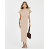 Beige Short Sleeve Midi Dress
