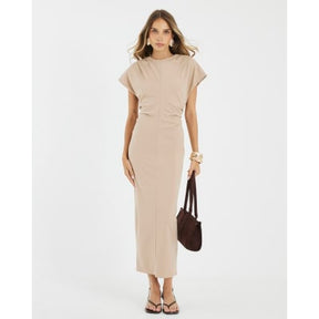 Beige Short Sleeve Midi Dress