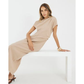 Beige Short Sleeve Midi Dress