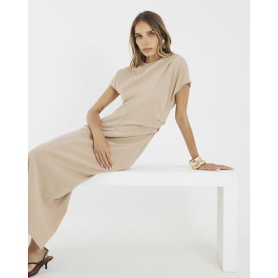 Beige Short Sleeve Midi Dress
