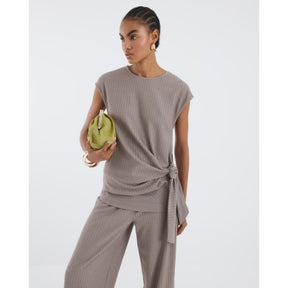 Beige Short Sleeve Pinstripe Tie Detail Top