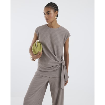 Beige Short Sleeve Pinstripe Tie Detail Top